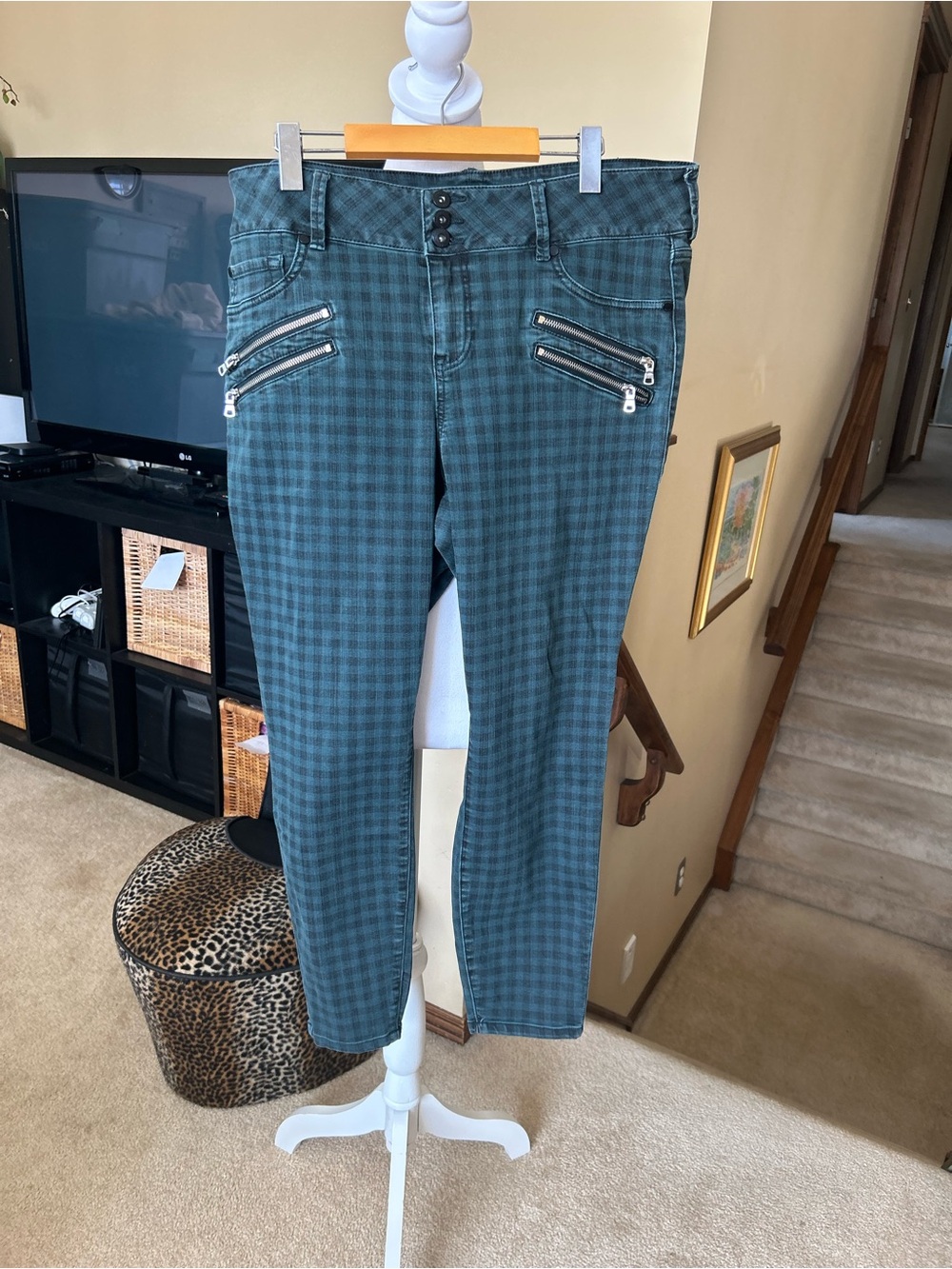torrid Teal Plaid Skinny Jeans with Silver Zippers/ Punk/Emu